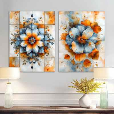 Blue Azulejo Artistry Boho Tiles I – Scenic Metal Wall Decor Print Set of 2