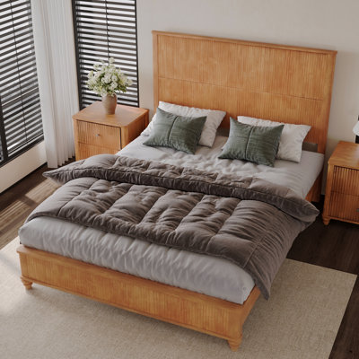 Solid Wood Bed Frame,Queen Platform Bed Frame With Headboard,Tall Headboard Natural Wood Bed ,No Box Spring Needed,Natural