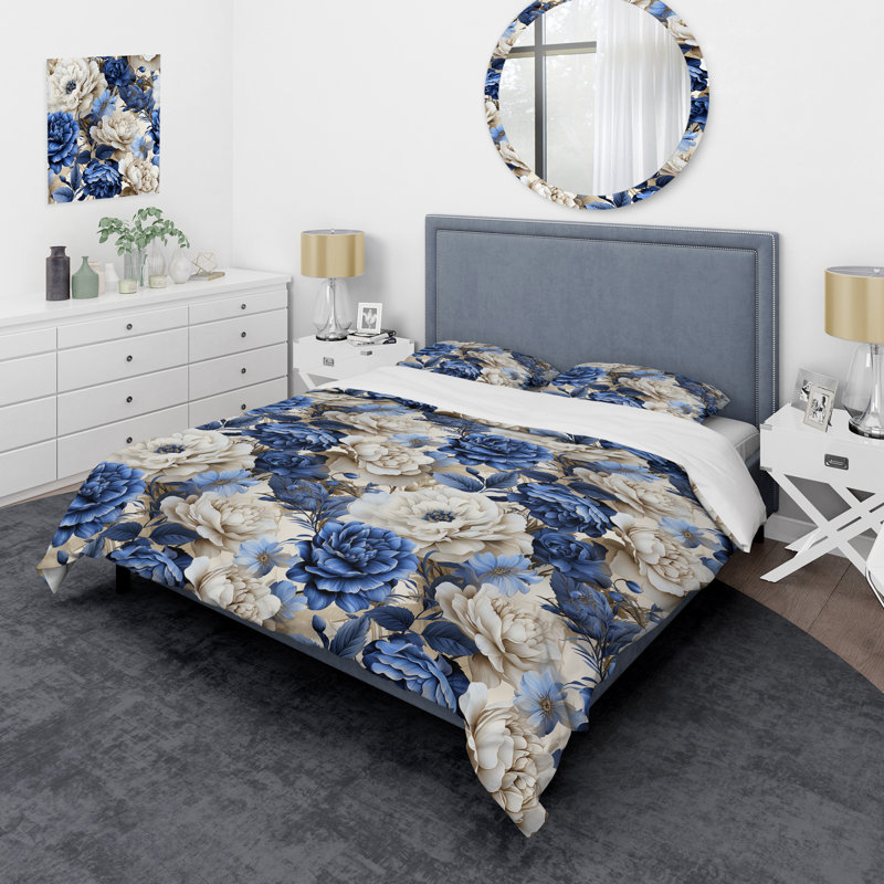 Blue Renaissance Roses Victorian Pattern Duvet Cover, Twin Duvet Cover + 1 Standard Sham