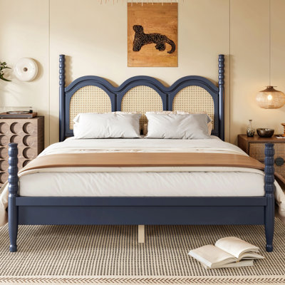 Queen Size Platform Bed With Arched Woven Headboard, Four Poster Stylish Wooden Bed Frame, Elegant Curved Headboard Bed Frame For Bedroom