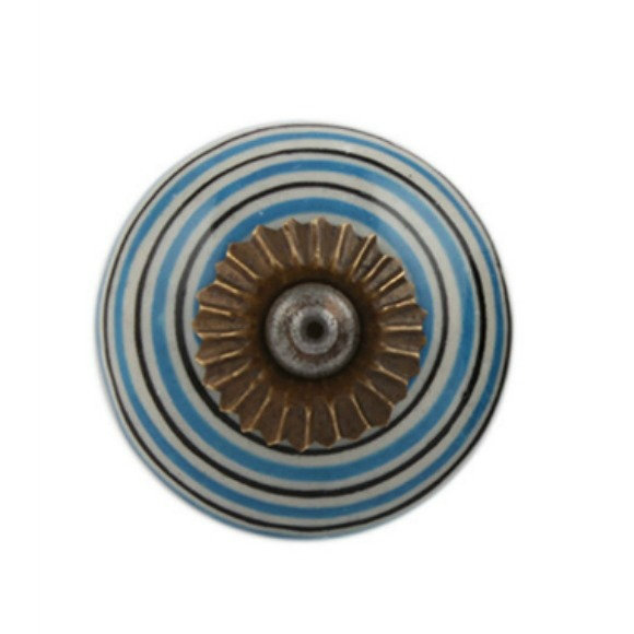 Set of 6 Striped Ceramic Knobs, Turquoise/White/Black