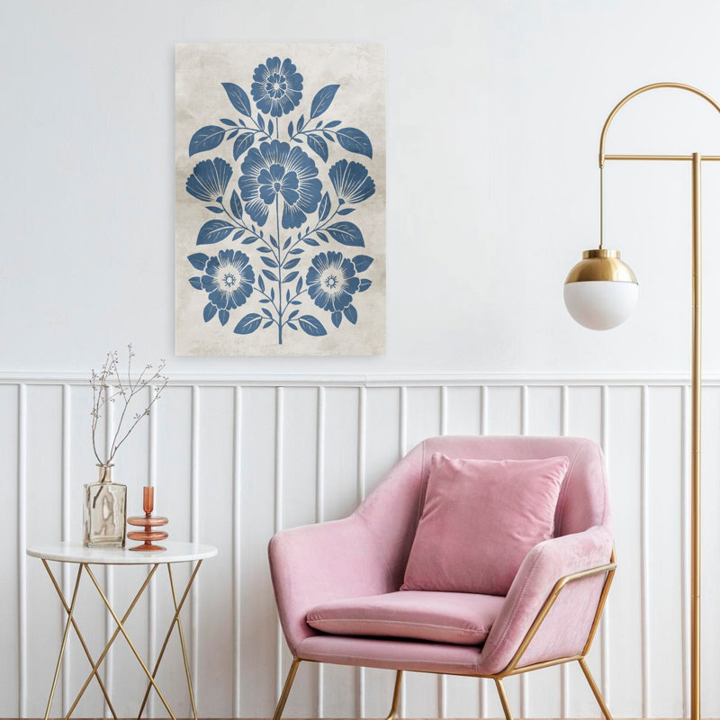 «Blue Floral Harmony», art mural contemporain abstrait, H 24 po x l 16 po, Bleu / blanc