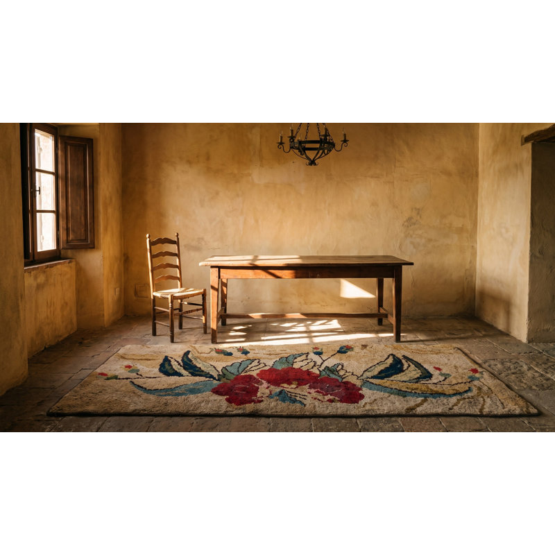 Antique American Folk Art Red Rose Pattern Hooked Rug