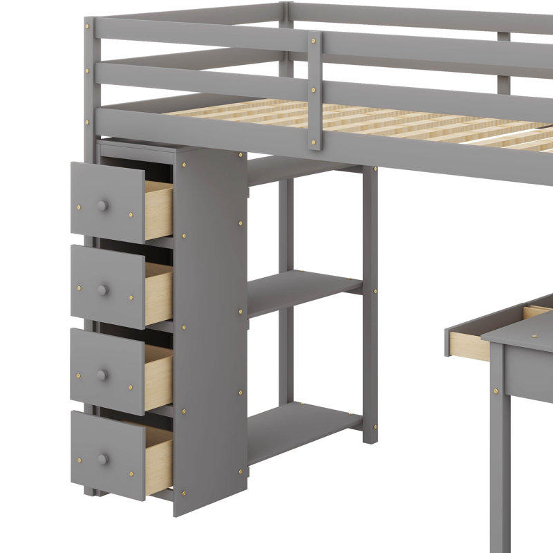 Lit mezzanine en bois avec tiroirs et tablettes, Gris