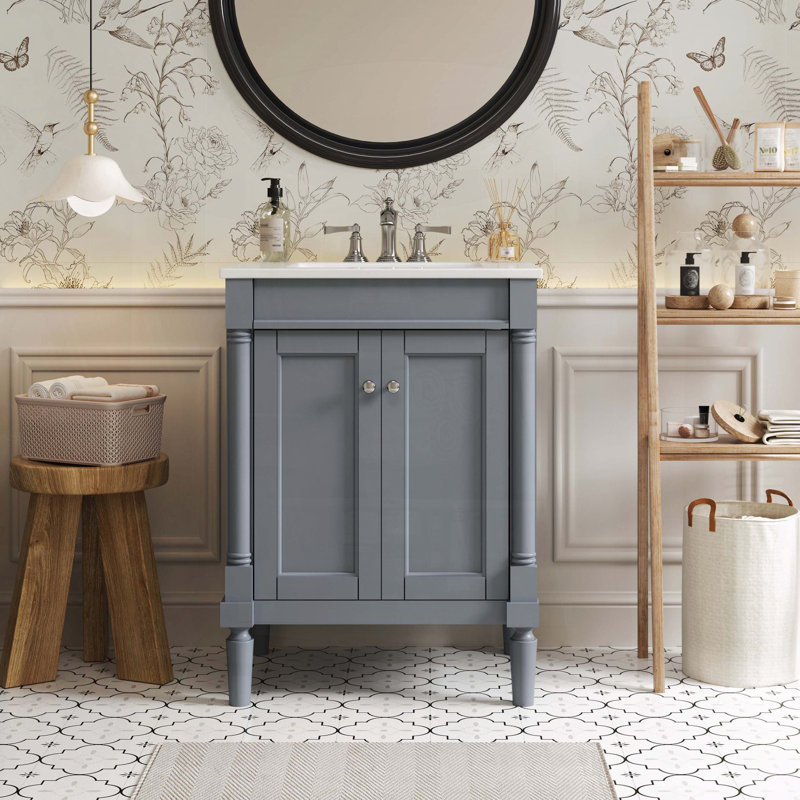 24" Modern Bathroom Vanity with 2-Tier Cabinet and Ceramic Sink, Gris