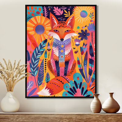 Renard boho coloré dans une forêt rétro, art mural animal, salon