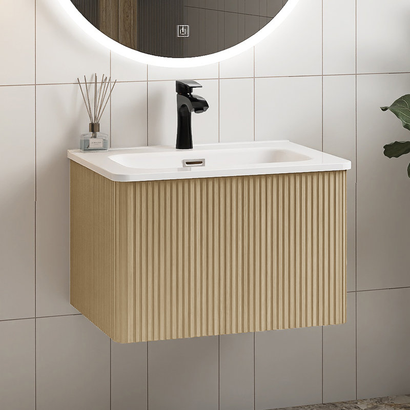 24“ Wall Mounted Floating Bathroom Vanity With White Ceramic Sink, Oak