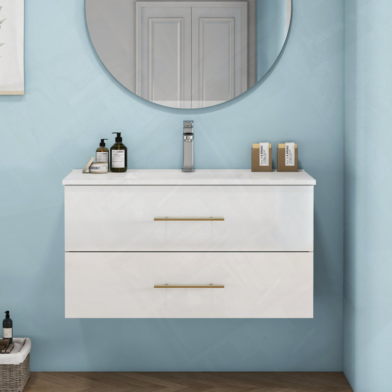 Meuble-lavabo mural avec double tiroir et poignée en métal doré