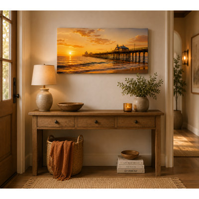 Golden Pier Sunset - Coastal Pier Landscape on Wrapped Canvas Wall Art
