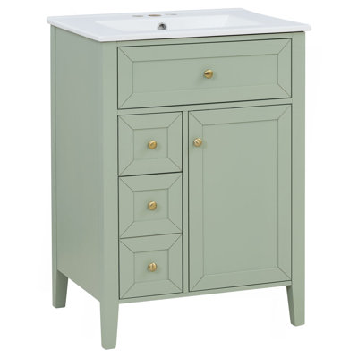 Meuble-lavabo de 24 po avec lavabo, lavabo en céramique, armoire de salle de bain avec 1 tiroir coulissant et 2 tiroirs de rangement coulissants, porte à fermeture en douceur avec support de rangement, pieds en bois massif, un paquet