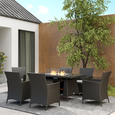 Outsunny 7 Pieces Outdoor Rattan Garden Furniture with Fire Pit Table Black