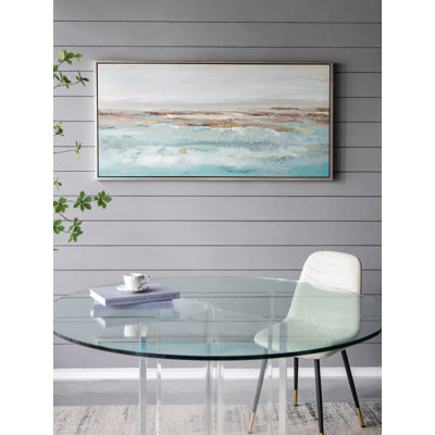 Encadré paysage rectangulaire bleu et or abstrait, peinture à l'huile océanique