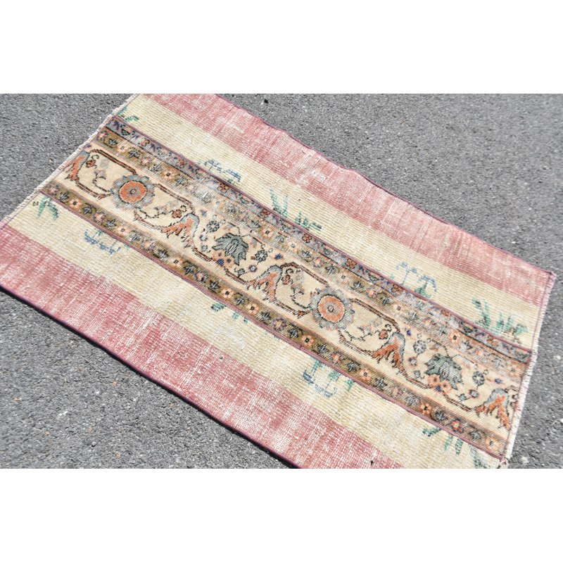 Vintage Small Turkish Pink Rug Handcrafted From Wool Ideal For Entryway And Home Decor