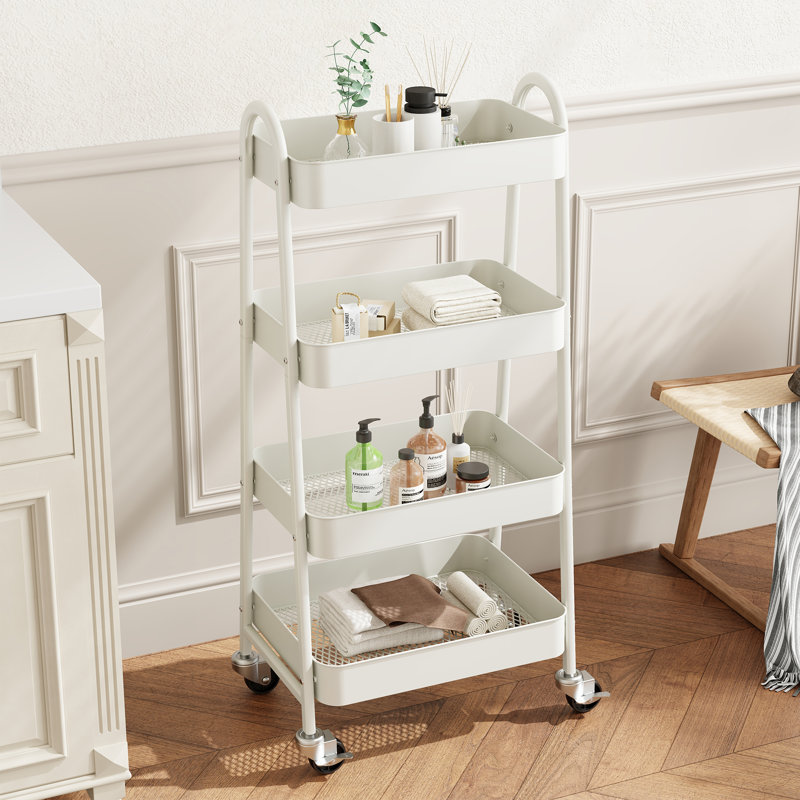 4-Tier Under Desk Mobile Utility Cart with Metal Storage Organizer, White