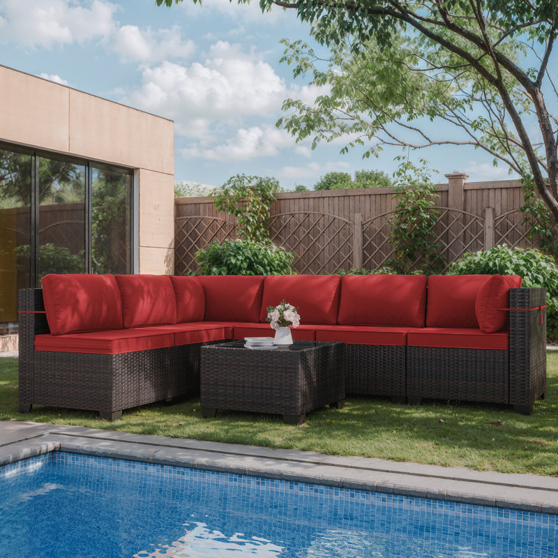 7-Piece L-Shaped All-Weather Wicker Sectional Sofa with Cushion, Red