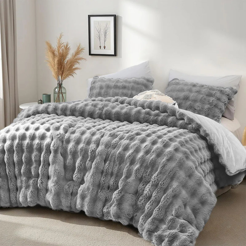 Fluffy Comforter Set 3 Pieces- Ultra Soft & Warm Faux Fur Comforter With Two Pillowcases For Winter, Light Gray