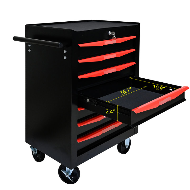 Armoire à outils à roulettes - 7 tiroirs, avec 7 glissières de rangement robustes, noires et rouges, portatives