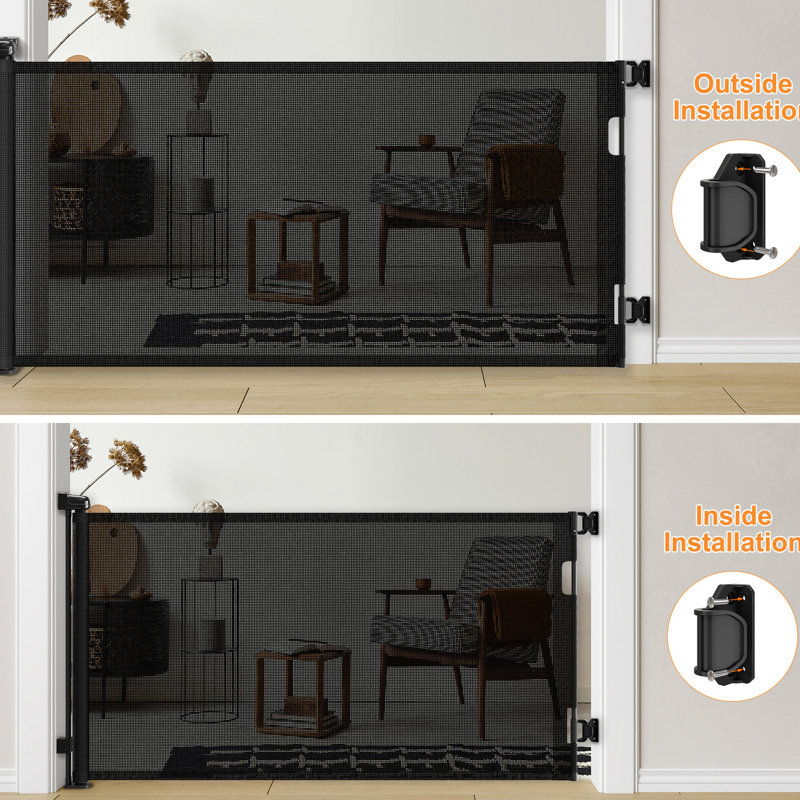 2 barrières rétractables. 55 po de largeur, 33 po de hauteur. Pour l'intérieur et l'extérieur. Noir rétractable de 2..