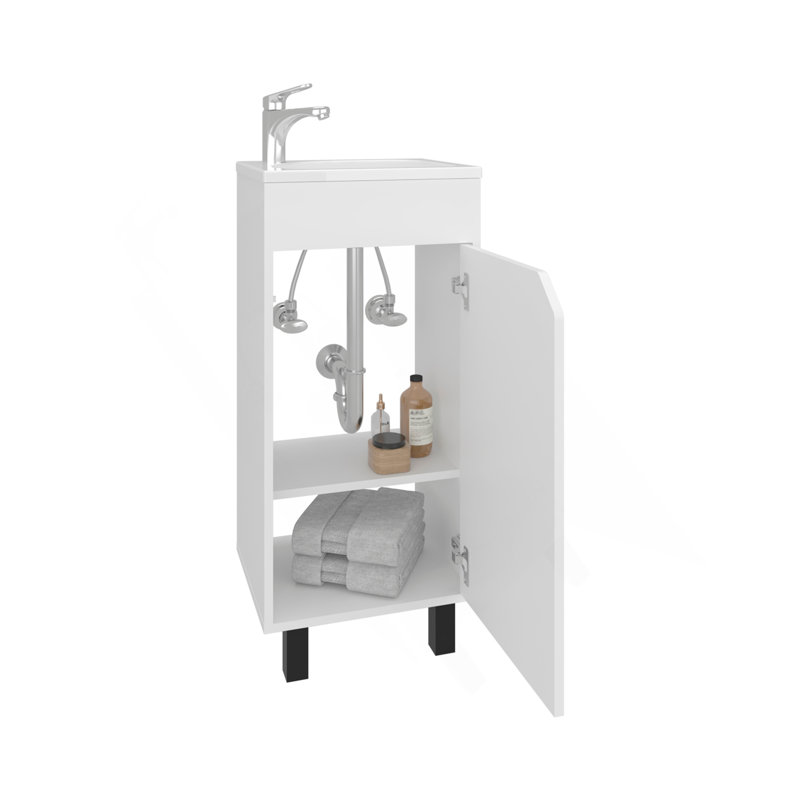 Bethel Wide One-Door Cabinet, Free Standing Vanity With Resin Sink And Two Shelves, Bathroom Storage, White, White