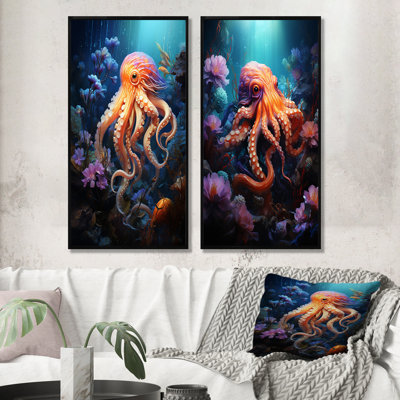 Popart Octupus Impression - ensemble de 2 reproductions d'art sur toile pieuvre / calmar
