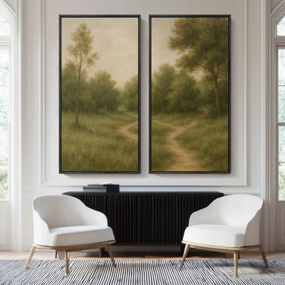 «Serene Forest Pathway Green Landscape for Room» - ensemble de 2 reproductions d'art encadrées sur toile 60 po x 20 po x 2 pièces, 60 po x 30 po x 2 pièces