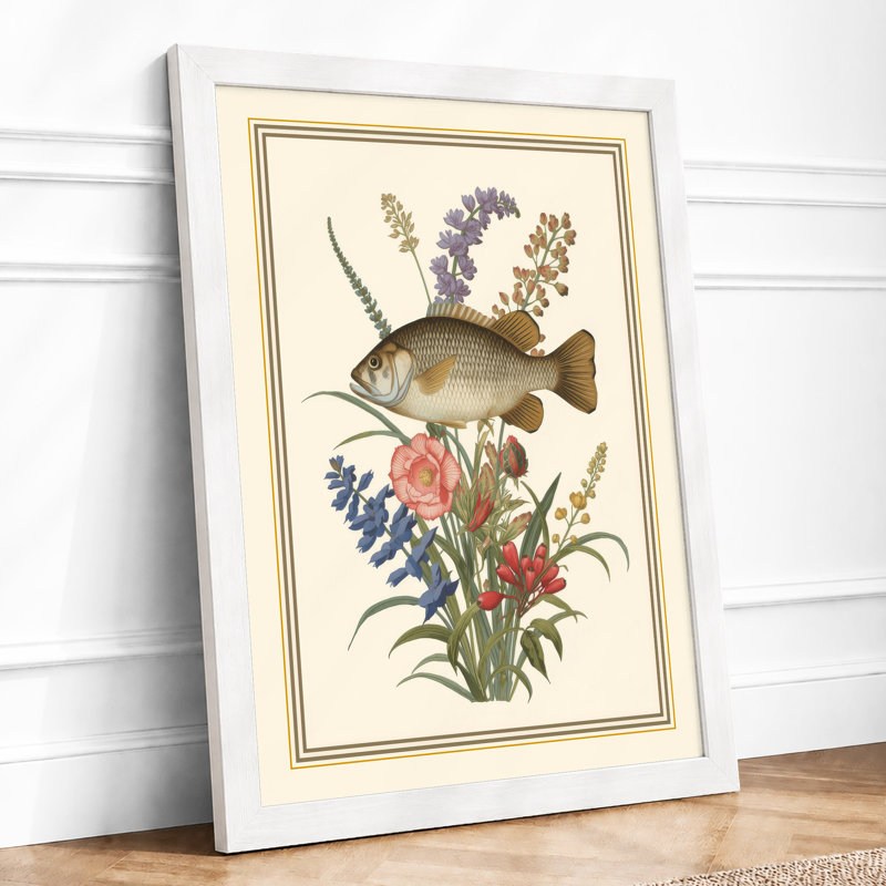 Fish and Florals Botanical - Framed Print, A2 - 59.4 x 42.0 cm, White