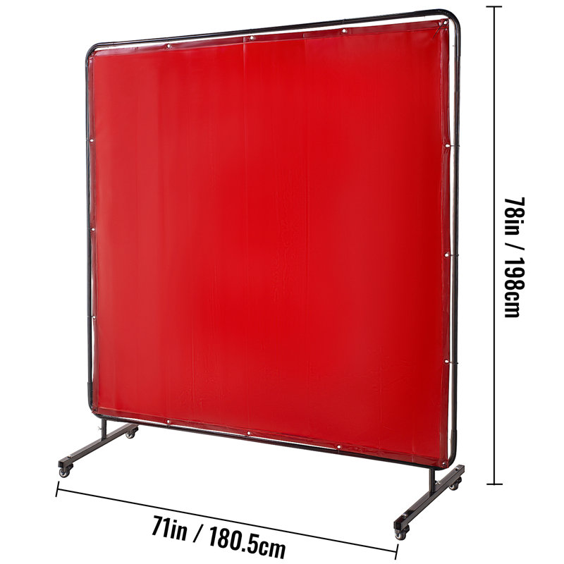 Écran de soudage avec cadre 6 pi x 6 pi, rideau de soudage à 4 roues, écran de protection en vinyle rouge ignifuge, portable professionnel résistant à la lumière