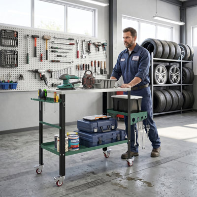 Chariot à outils 2Tier avec plateau latéral, argent et vert