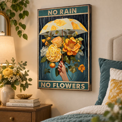 "No Rain No Flowers", art mural toile tendue avec bouquet de parapluies - Décoration de salon, de chambre à coucher ou de bureau