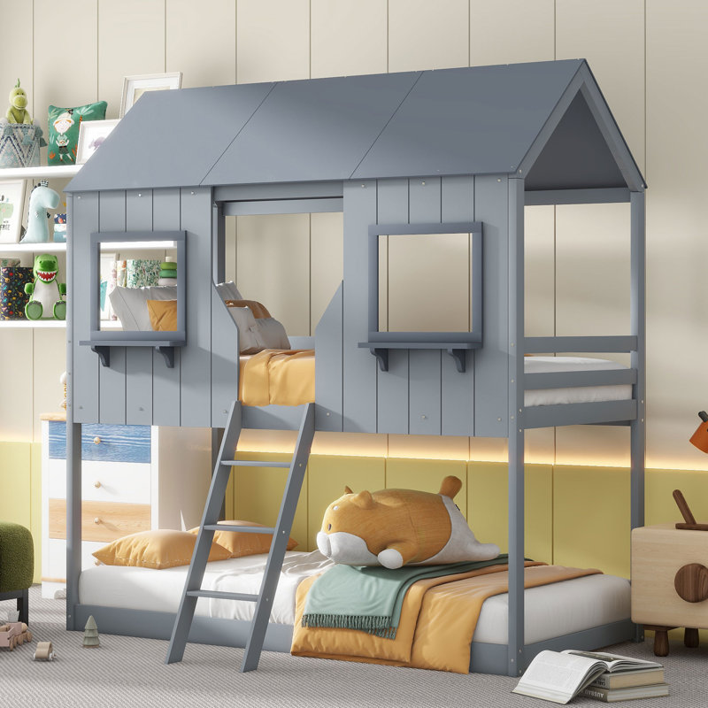 Wood Bunk Bed with Roof, Window, Sturdy Frame, Safety Guardrails, Space-Saving Design, Ladder for Easy Access, Stylish and Functional