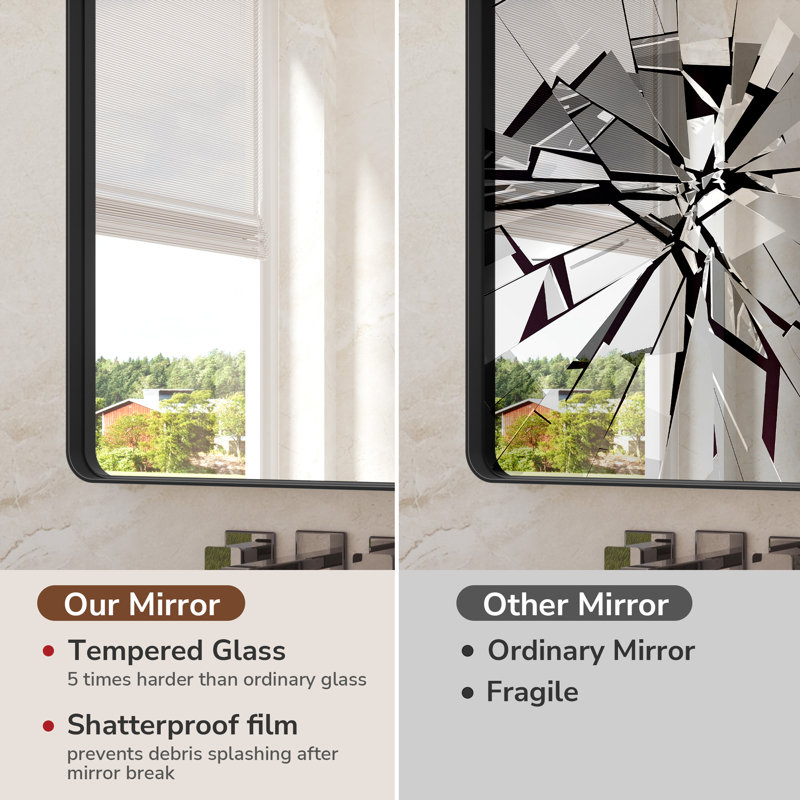 Bathroom Mirror with Tempered Glass and Aluminum Frame, 24" x 32", Rectangle, Matte Black