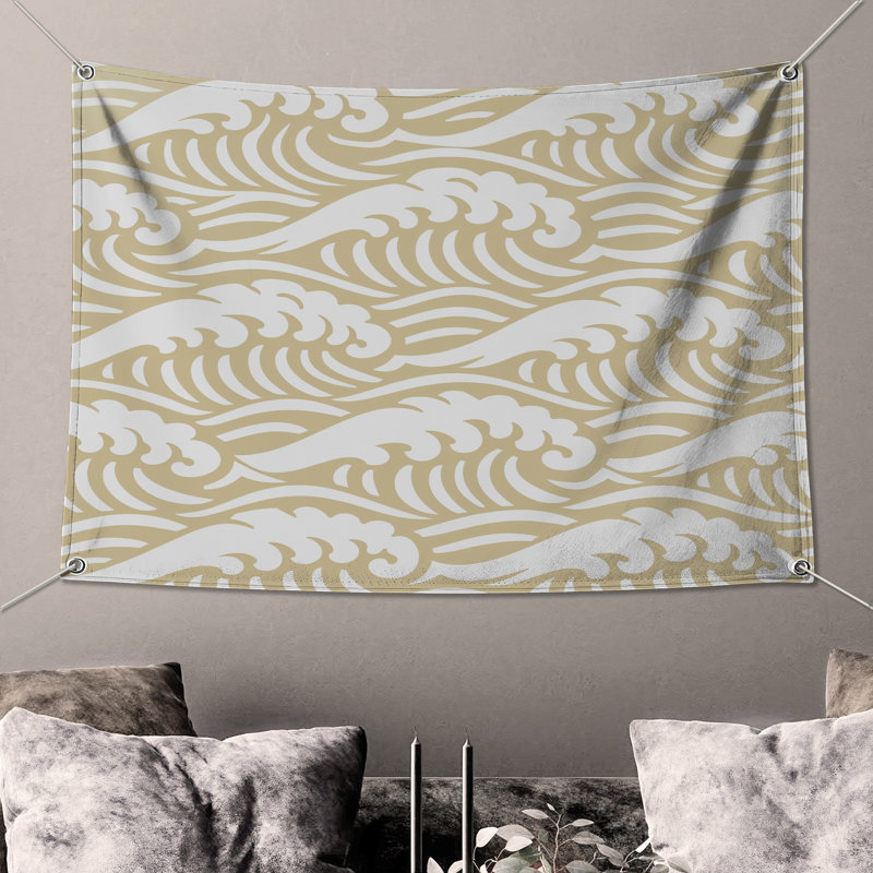 Beige Ocean Waves Wall Tapestry - Waves Wall Decor, 68in H x80in W with 4 Grommets