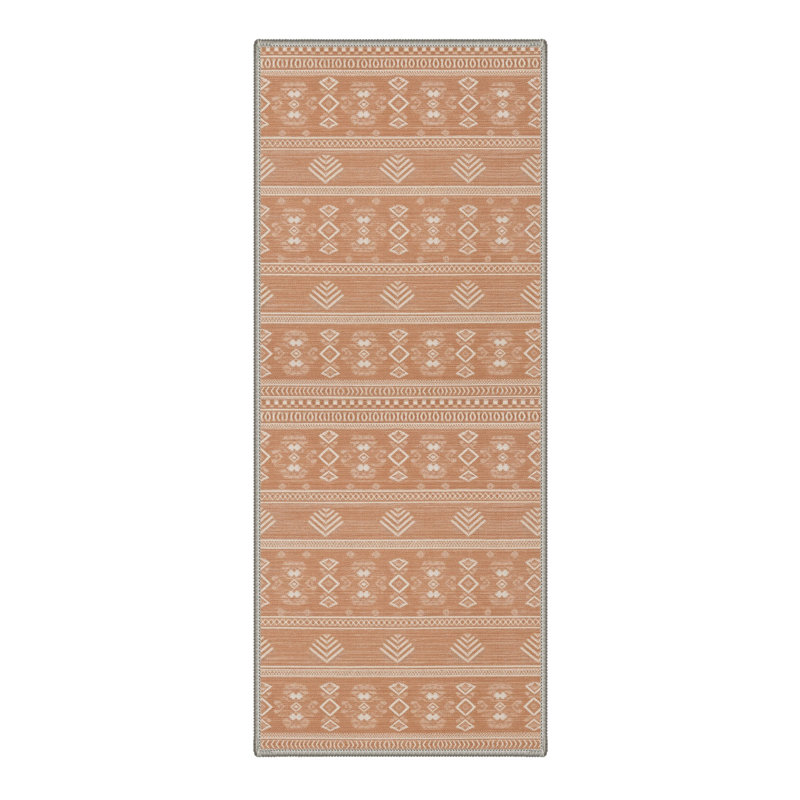 Tapis de couloir géométrique brun clair / ivoire lavable à la machine avec envers antidérapant, Tapis de couloir 2 pi x 6 pi