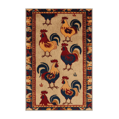 Washable Roosters Farm Area Rug