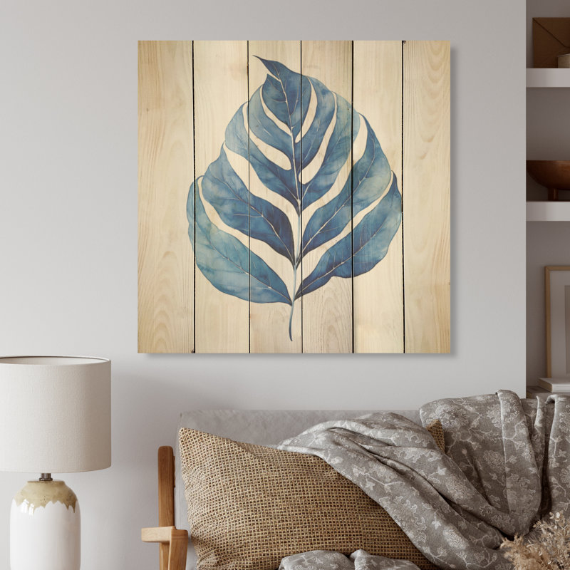 «White and Blue Leaves Collage I», art mural sur bois de pin naturel, H 36 po x l 36 po