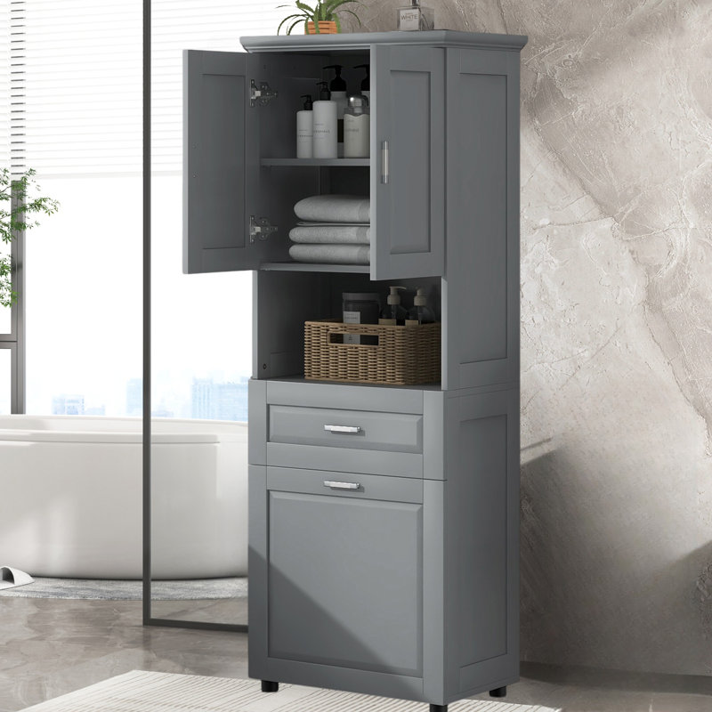 Grande armoire à paniers à linge avec tiroir et armoire de rangement pour salle de bain, Gris