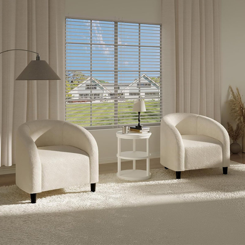 2-Pack Boucle Barrel Accent Chairs with Rounded Armrests, Upholstered Round Armchairs for Living Room, Bedroom, Office, or Reception Seating