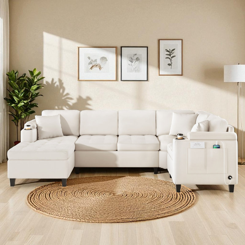 Canapé modulaire en U avec rangement et ports USB, Chenille beige