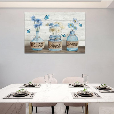 Farmhouse Bathroom Decor Wall Art Rustic Blue Daisy Flower Pictures Canvas Prints Country Relax Soak Unwind Bathroom Sign Butterfly Artwork Modern Home Decor Ready To Hang 16"X24"