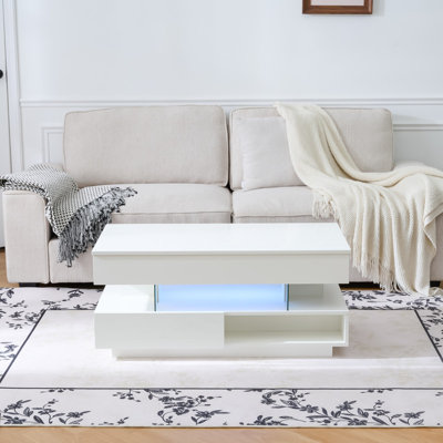 39.3" White High‑Gloss Lift‑Top Coffee Table, Multifunctional Cocktail Table with LED Lights, Hidden Compartment & 2 Storage Drawers for Living Room Bedroom Office