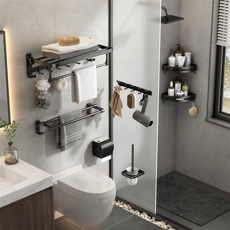 24 inch foldable rustproof towel rack with towel bar and movable hooks, suitable for bathroom toilet wall mounted storage, space saving, practical and convenient.