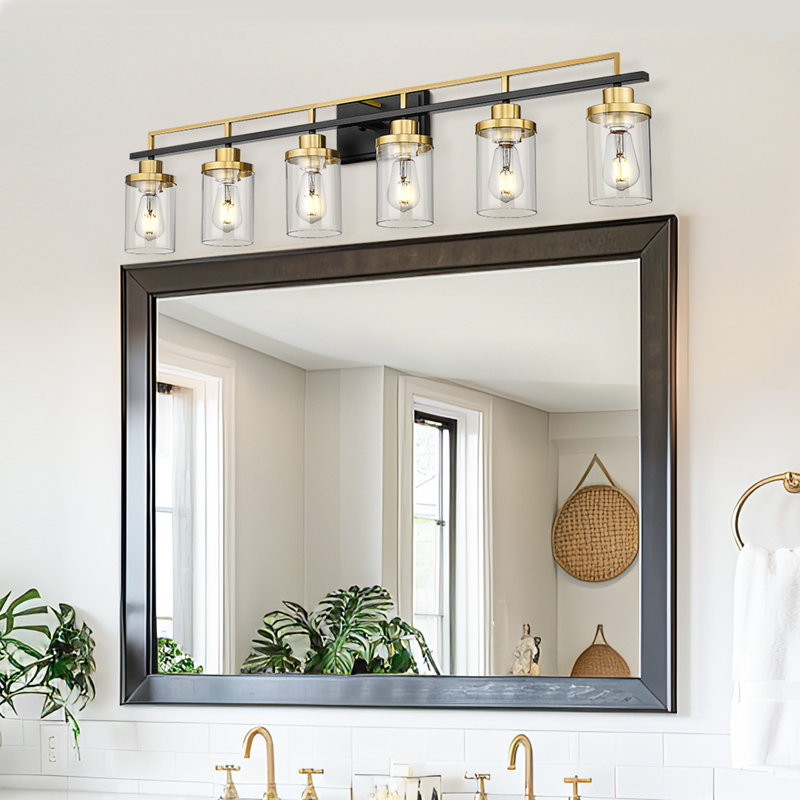 6-Light Dimmable Vanity Light Farmhouse Clear Glass Shade, Black/Gold