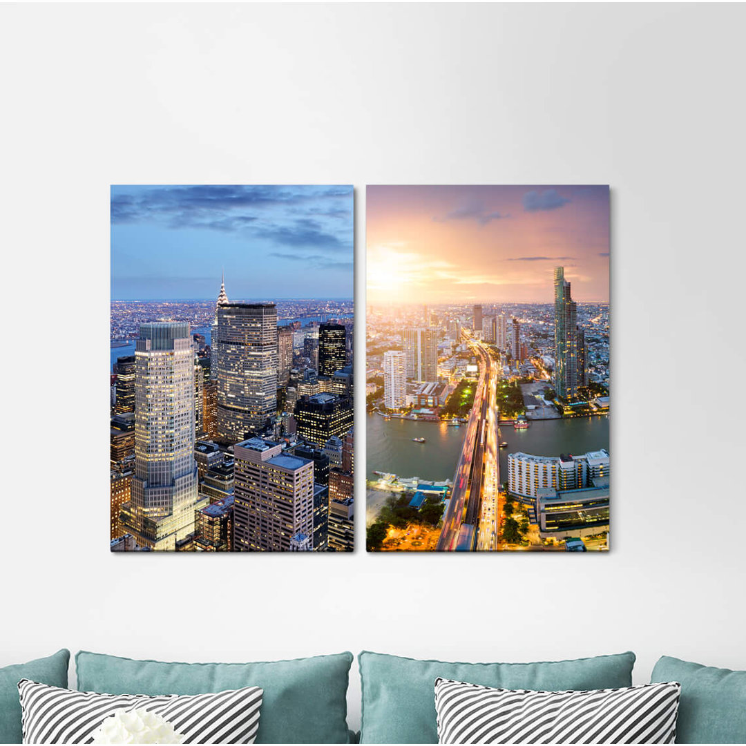 2-tlg. Leinwandbilder-Set - Fotografie "Wolkenkratzer New York Tokyo Crossing People Skyline Big City"