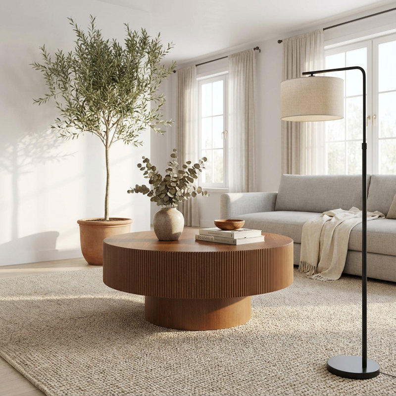 Table basse ronde contemporaine avec plateau de table épais, table de bout tambour moderne avec design cannelé et base robuste