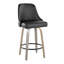 Tabouret de comptoir 26 po à hauteur fixe avec pivot en bois gris clair et similicuir noir avec garniture cloutée chromée et repose-pieds rond en métal noir - ensemble de 2