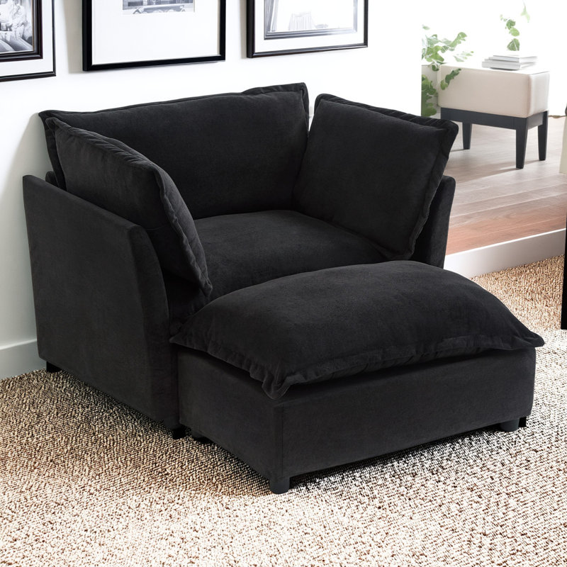 47" Modern Cozy Armchair Sofa with Movable Ottoman, Wide Seat, Curved Armrests, Pillows, Black
