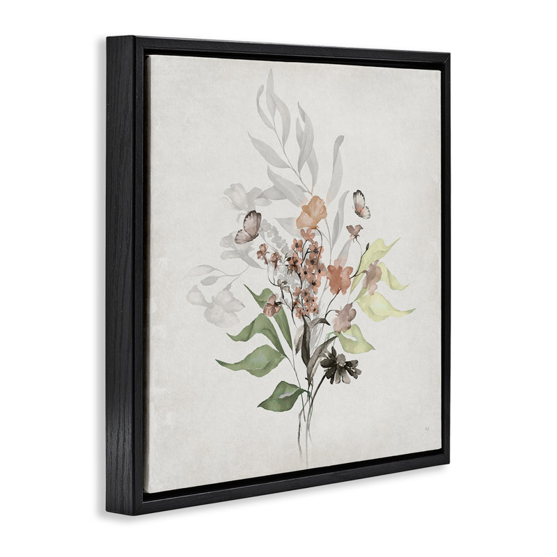 "Soft Florals & Butterfly", art mural encadré par Susan Jill, H 18 po x l 18 po, Cadre flottant noir de jais