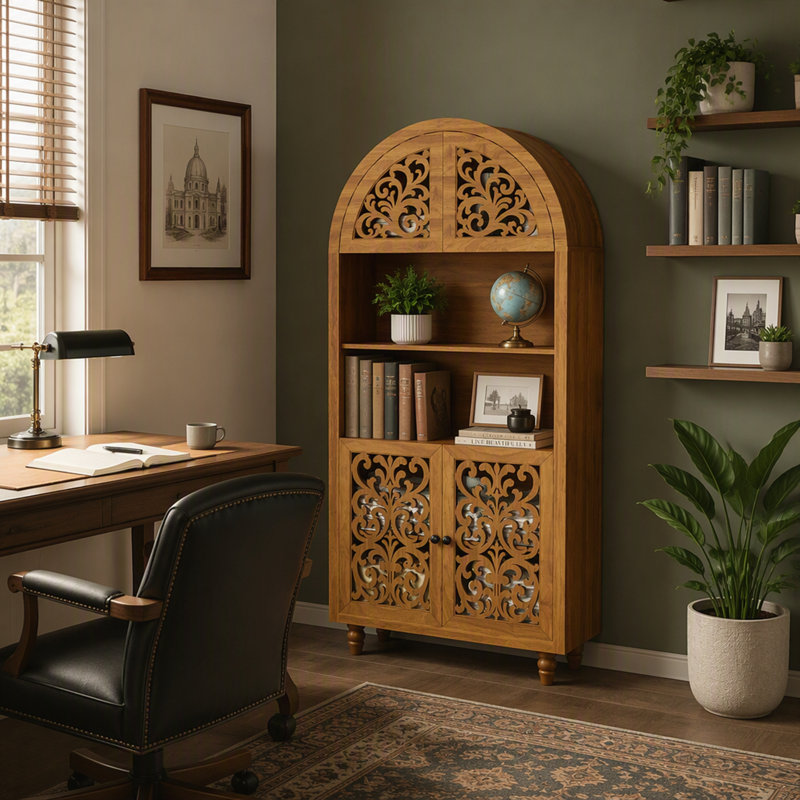 Meuble de rangement décoratif autoportant, bibliothèque ouverte de 168 cm de haut, en bois sculpté à arcs vintage, avec étagères ouvertes.