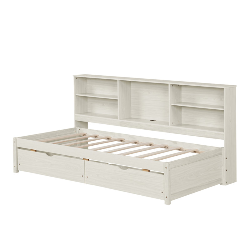 Structure de lit de jour simple blanc crème avec buffet, tiroirs et station de charge intégrée, rangement latéral, moyeu