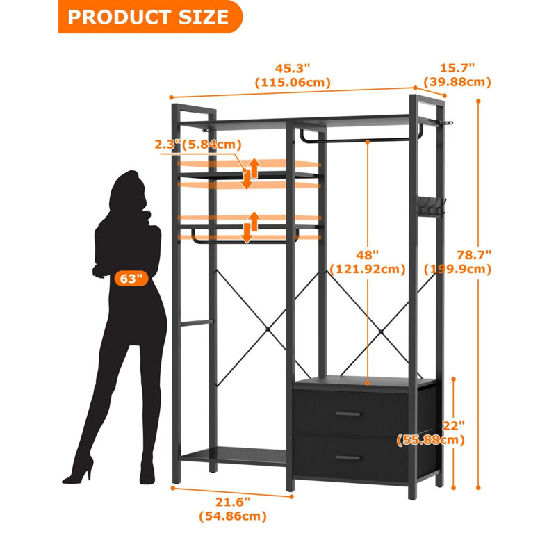 115cm Black Freestanding Open Wardrobe with 2 Drawers, Heavy Duty Garment Rack with Clothes Rail & Hooks, Reversible Closet Storage Organiser